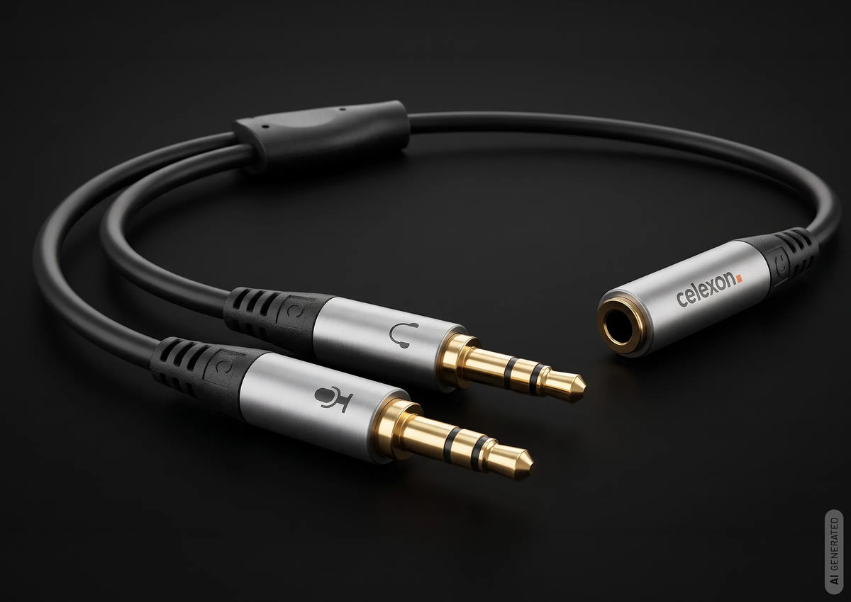 celexon 2x 3.5mm stereo jack to 3.5mm stereo jack M/F audio adapter 0.25m - Professional Line in front of a dark background