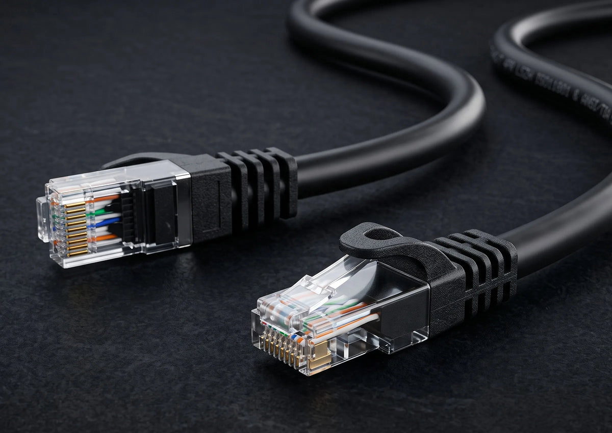 celexon CAT6A patch cable - S/FTP in front of a dark background