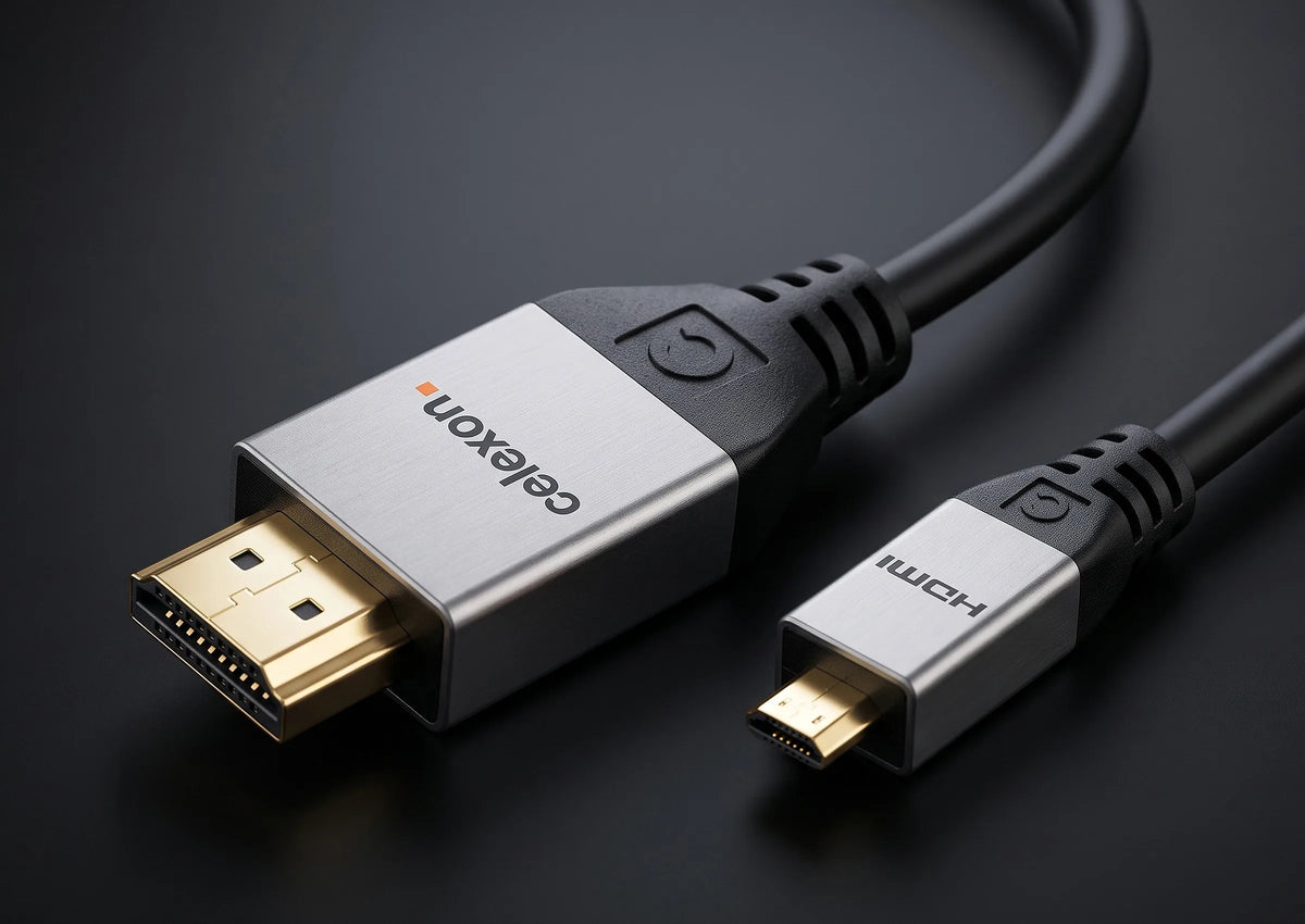 celexon HDMI to Micro HDMI Cable with Ethernet - 2.0a/b 4K - Professional Line in front of a dark background