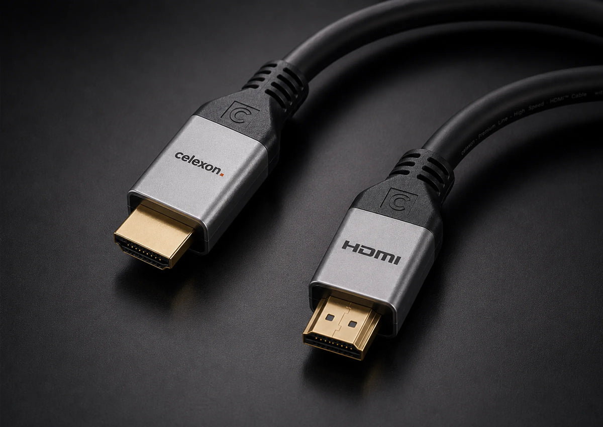 celexon HDMI cable with Ethernet - 2.0a/b 4K - Professional Line in front of a dark background