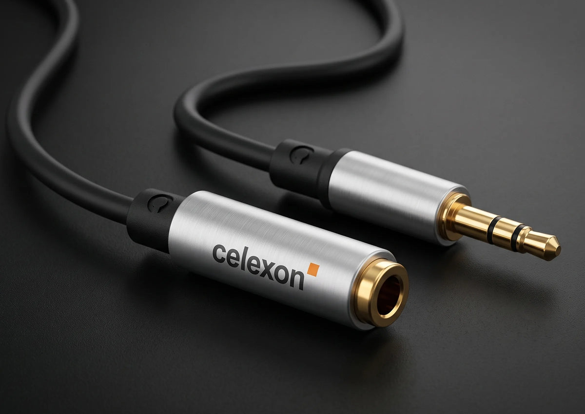 celexon 3.5mm stereo jack to 6.3mm stereo jack M/F audio adapter 0.25m - Professional Line in front of a dark background