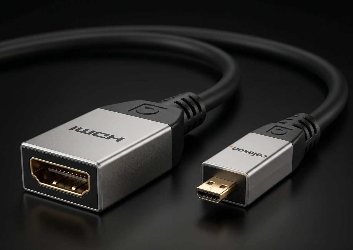 celexon Micro HDMI to HDMI M/F Adapter with Ethernet - 2.0a/b 4K 0.25m - Professional Line in front of a dark background