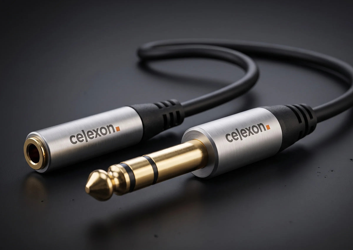 celexon 6.3mm stereo jack to 3.5mm stereo jack M/F audio adapter 0.25m - Professional Line in front of a dark background