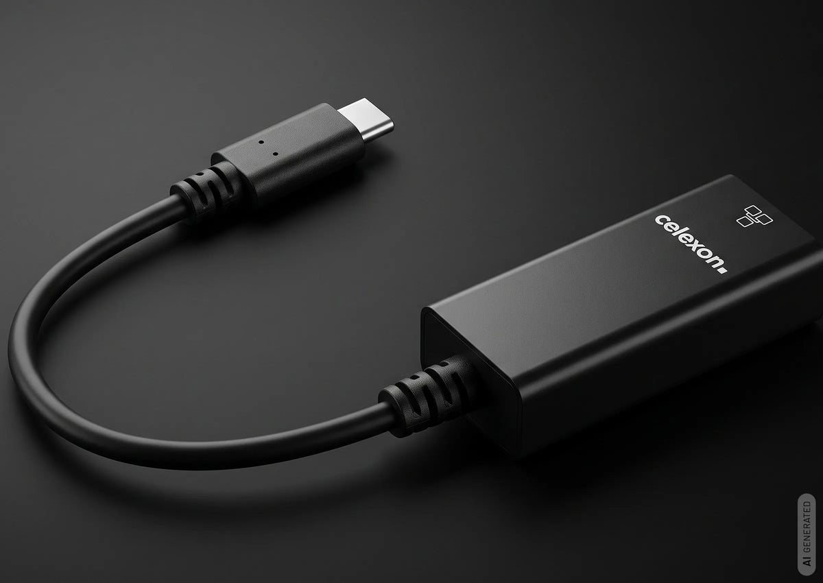 celexon USB-C to Ethernet M/F adapter in front of a dark background