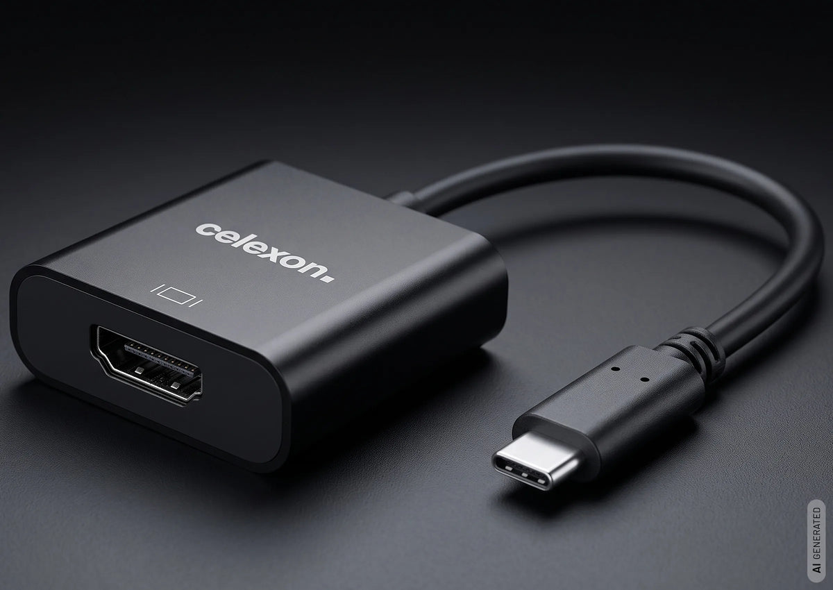 celexon USB-C to HDMI M/F adapter in front of a dark background