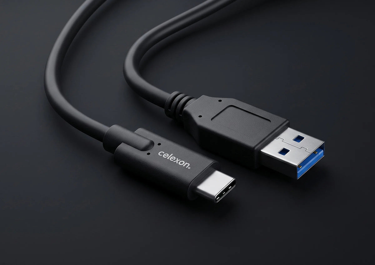celexon USB-C to USB-A cable - USB 3.2 Gen 2x1 in front of a dark background