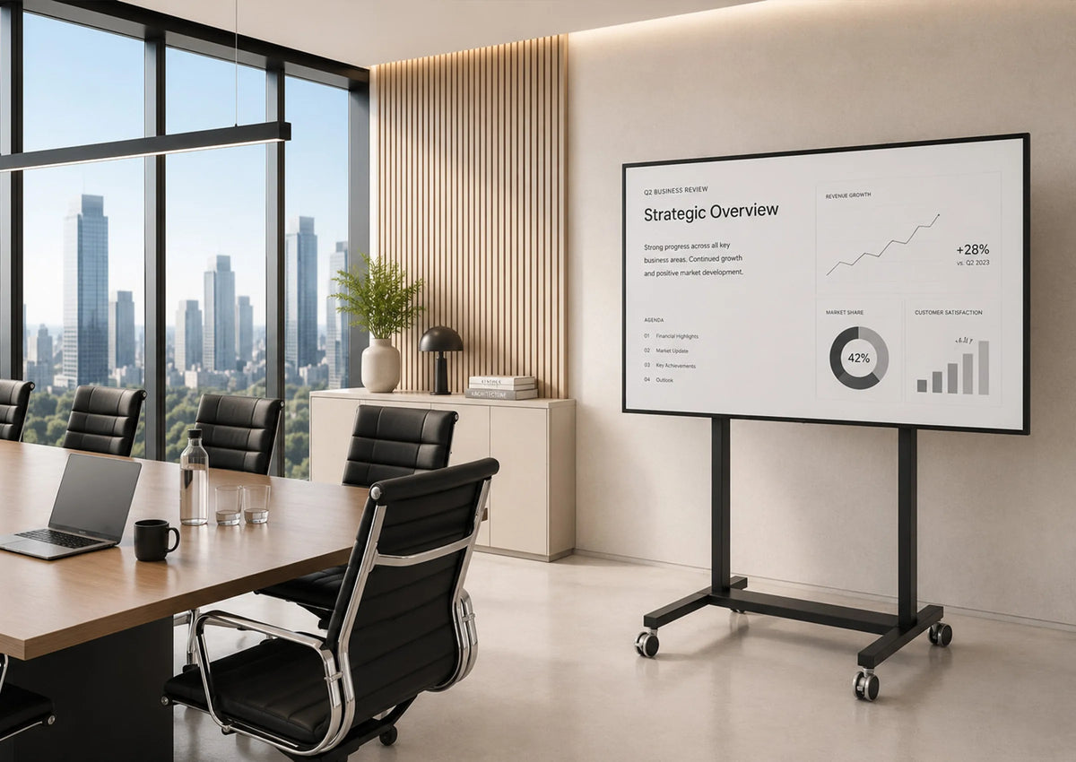 A premium conference room featuring a celexon Adjust-42100MB display stand in a slightly angled front view. The large display shows a clean, minimalist business presentation. Floor-to-ceiling windows, vertical wooden slats, light-colored materials, and soft natural daylight create an elegant, high-end atmosphere with a clear focus on the product.