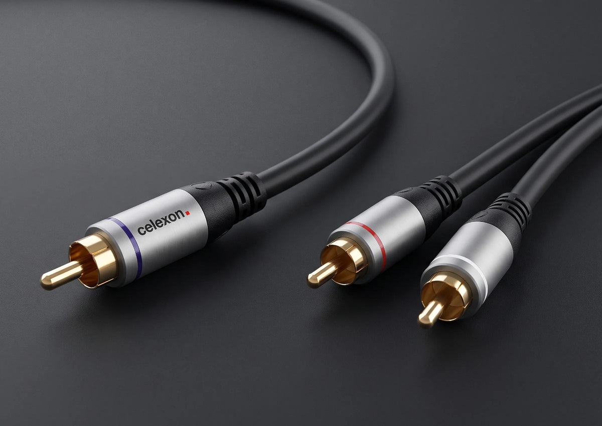 celexon RCA to 2x RCA audio cable - Professional Line in front of a dark background