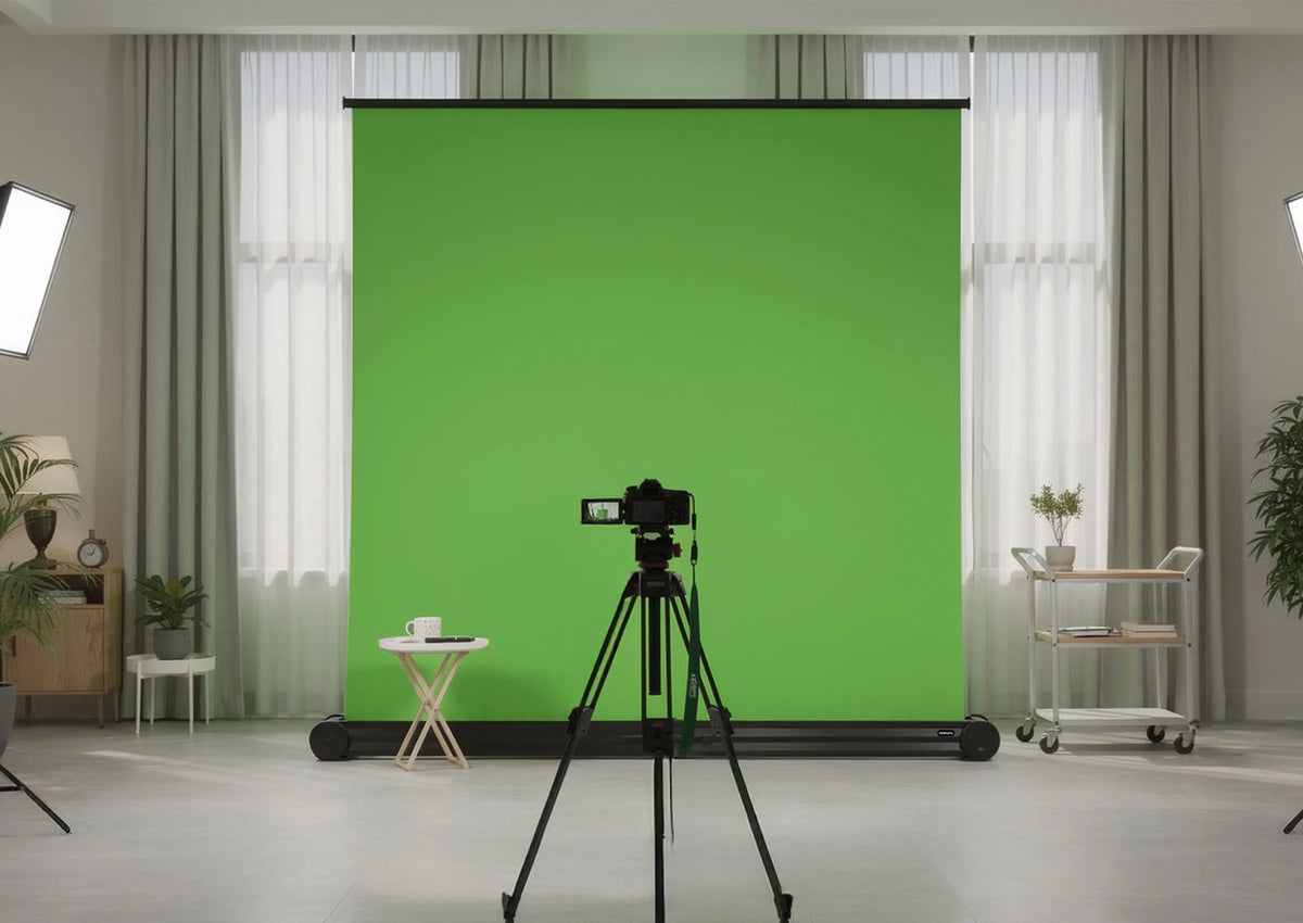 Professional studio setup for video or photo production. In the center of the room stands a large, free-standing celexon Mobile Chroma Key green screen. Positioned centrally in front of it is a camera mounted on a tripod.