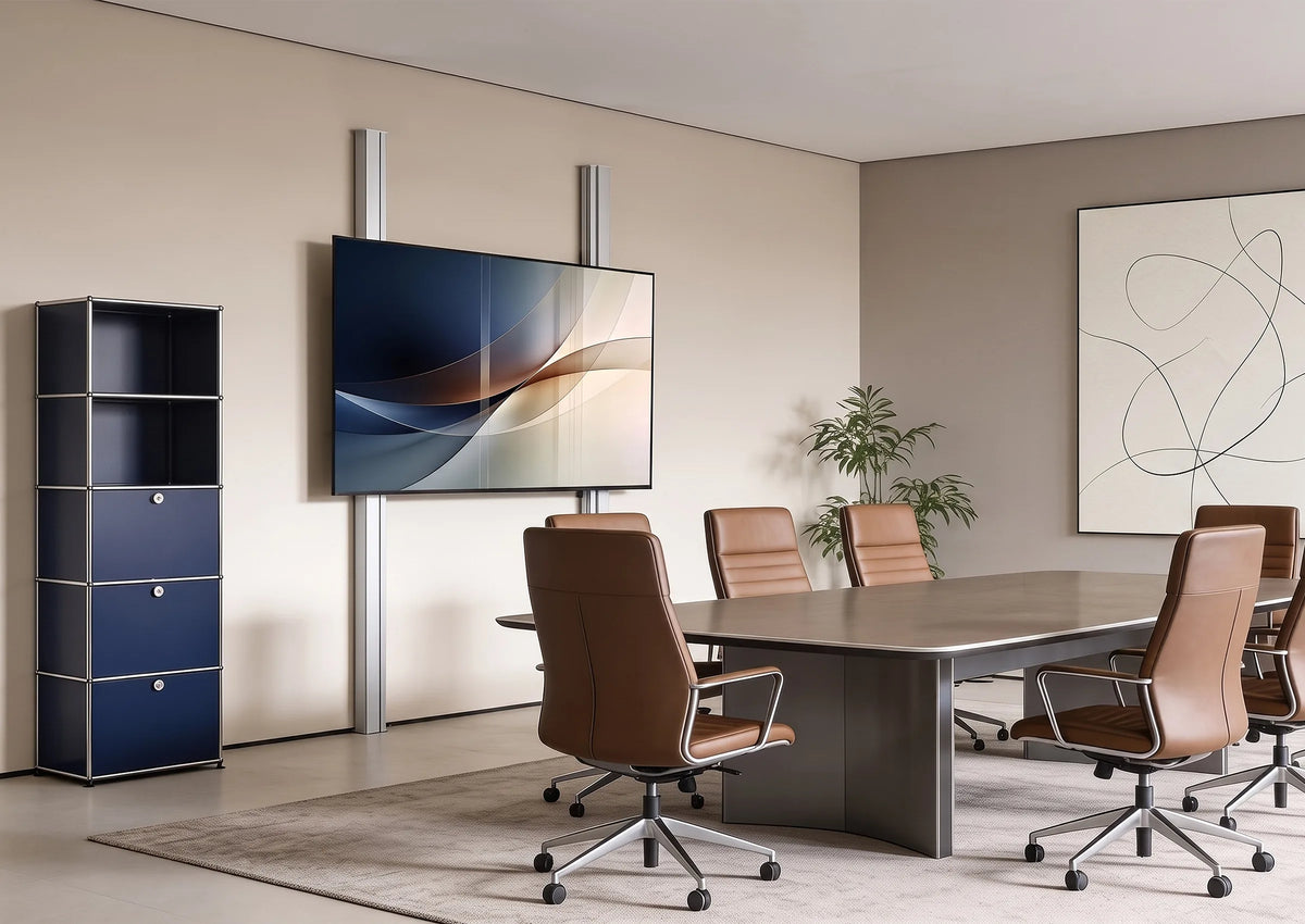 A premium conference room featuring an interactive whiteboard system in a slightly angled front view. The central display presents a clean, minimalist abstract visual, flanked by two whiteboards. Light-colored materials, subtle tones, and soft natural daylight create an elegant, high-end atmosphere with a clear focus on the product.