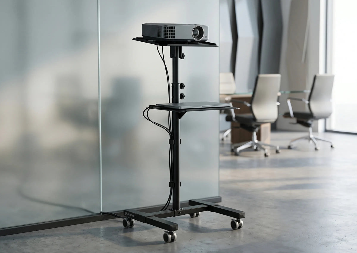 A mobile celexon PT3020 projector trolley with castors and height-adjustable shelves holding a projector and a laptop. The trolley is positioned in a modern office environment with glass walls and a meeting room in the background.