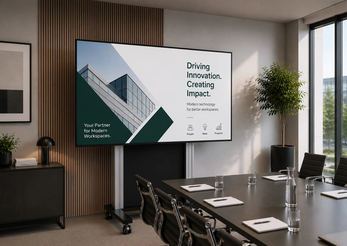 A modern meeting room featuring a mobile electric pylon system supporting a large-format display for presentations. The screen shows a minimalist corporate presentation with architectural visualizations, clean typography, and subtle graphic elements. A dark conference table with black office chairs, a vertical wooden slat wall, large windows, and an indoor plant create a premium, contemporary workspace atmosphere.