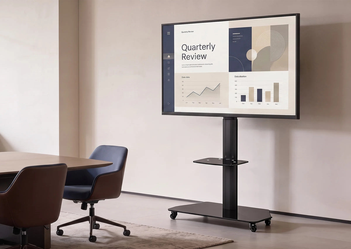 A premium meeting room featuring a celexon Adjust-3770MP display trolley in a slightly angled front view. The large display shows a clean, minimalist business presentation. Light-colored materials, subtle tones, and soft natural daylight create an elegant, high-end atmosphere with a clear focus on the product.