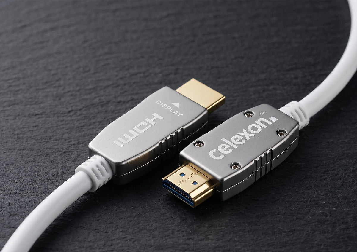 celexon UHD Optical Fibre HDMI 2.0b Active Cable in front of a dark background