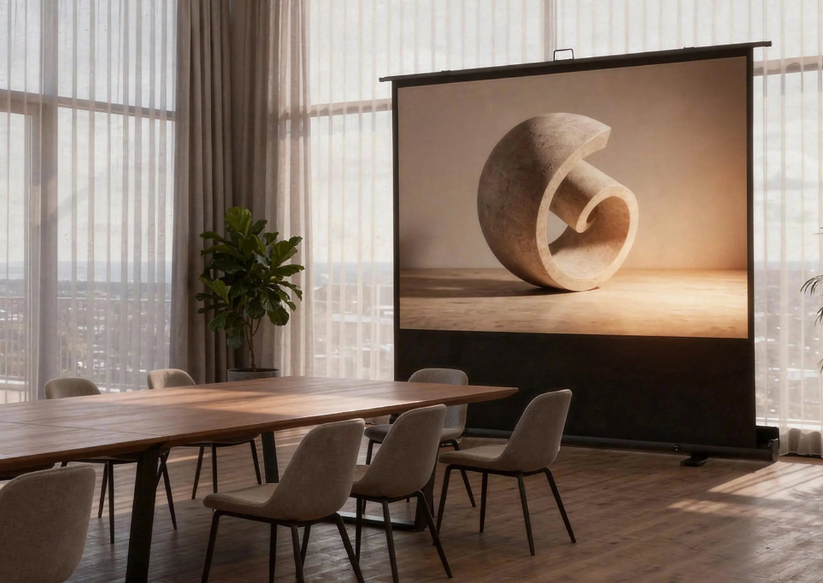 Modern conference room with a large wooden table and a celexon Mobile Professional Plus projector screen, displaying a minimalist stone sculpture in warm light