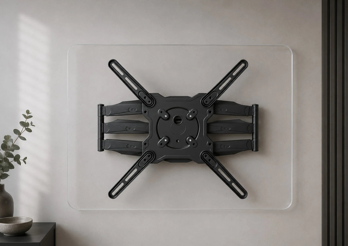 A minimalist product presentation of a TV wall mount positioned beneath a transparent acrylic panel with rounded corners. Front view with the central VESA mounting interface and the entire wall mount fully visible. A bright, modern wall, subtle home accessories, and soft natural daylight create a premium living atmosphere with a clear focus on the product.
