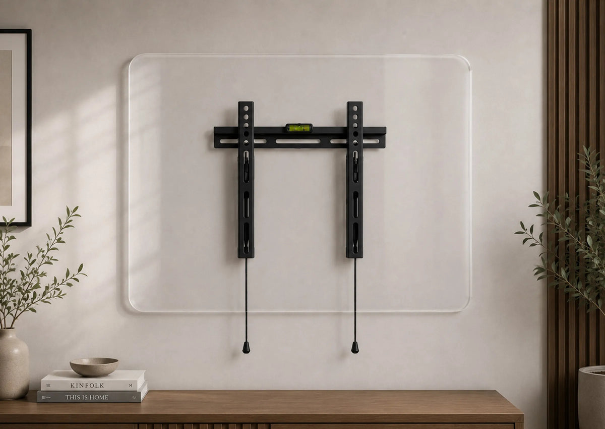 A minimalist product presentation of a slim TV wall mount, centrally mounted on a bright, modern wall. Behind the mount is a transparent acrylic panel with rounded corners, serving as a subtle presentation surface. The wall mount is shown from the front, clearly displaying its integrated spirit level, mounting rails, and safety release cords. A light wooden sideboard, subtle indoor plants, vertical wooden slats, and warm indirect lighting create a premium, contemporary living atmosphere. 
