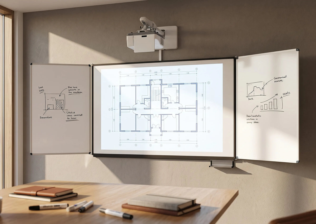 A modern meeting room with an interactive whiteboard system, featuring a building floor plan on the central projection surface. The side whiteboards display handwritten sketches and diagrams, while a projector is mounted on the wall above.