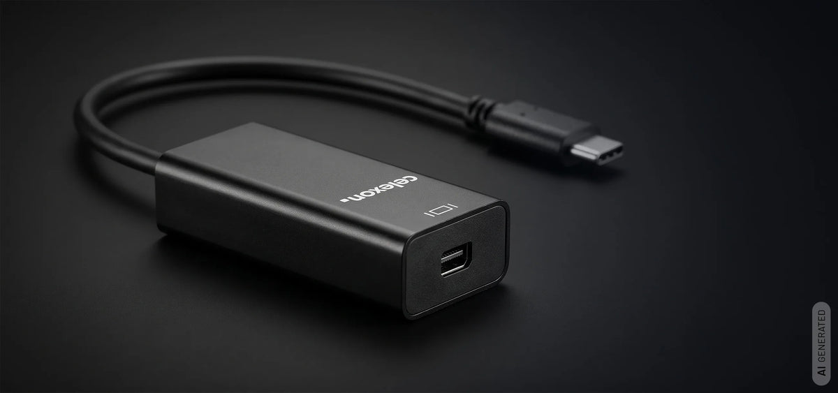 celexon USB-C auf mini DisplayPort M/F Adapter in front of a dark background