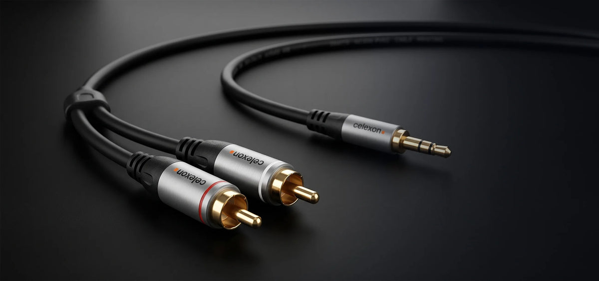 celexon 2x RCA to 3.5mm stereo jack audio cable - Professional Line in front of a dark background