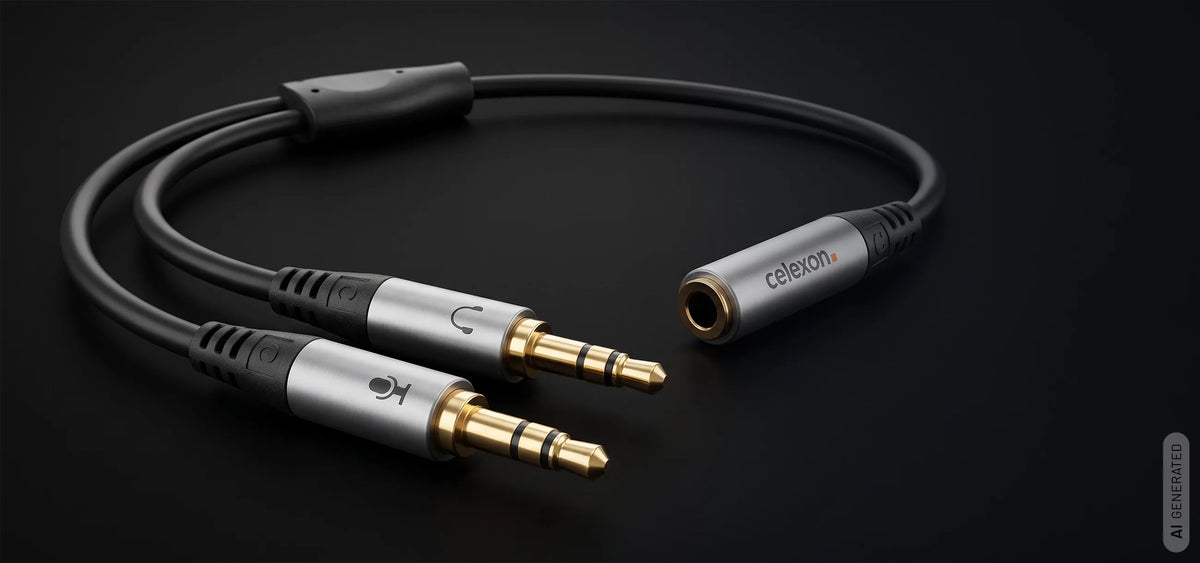 celexon 2x 3.5mm stereo jack to 3.5mm stereo jack M/F audio adapter 0.25m - Professional Line in front of a dark background