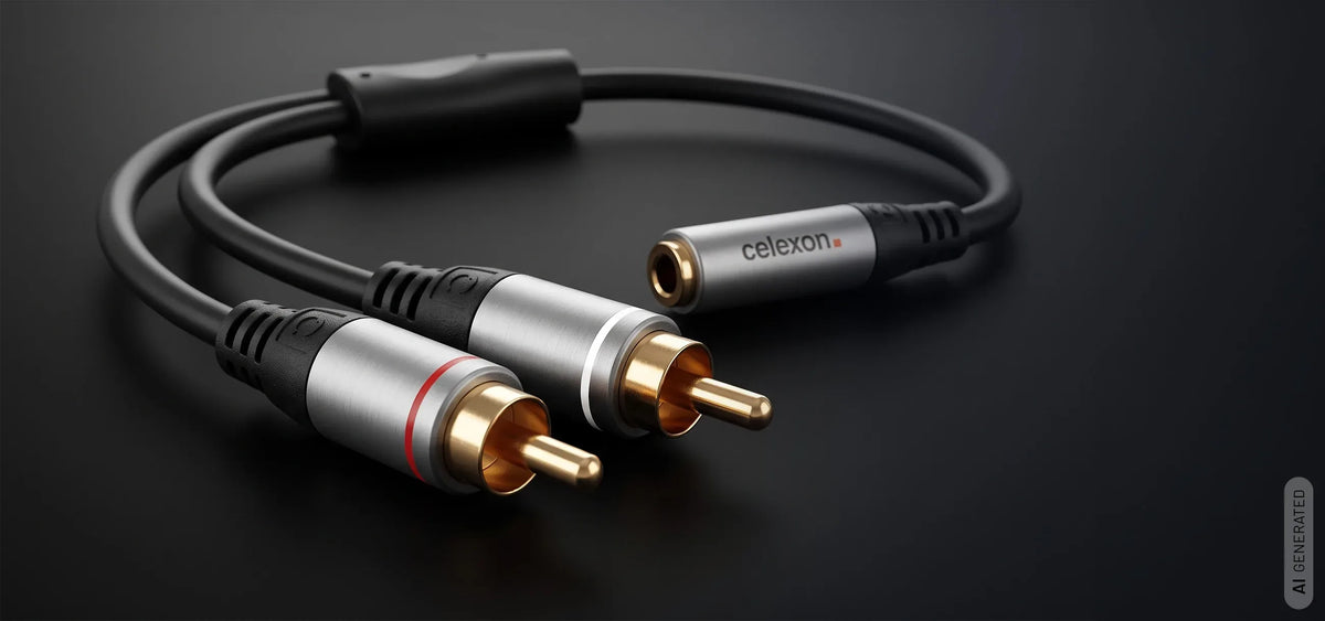 celexon 2x cinch to 3.5mm stereo jack M/F audio adapter 0.25m - Professional Line in front of a dark background