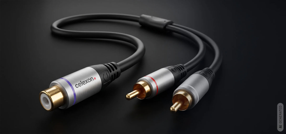 celexon 2x cinch to cinch M/F audio adapter 0.25m - Professional Line in front of a dark background