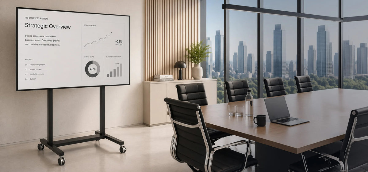 A premium conference room featuring a celexon Adjust-42100MB display stand in a slightly angled front view. The large display shows a clean, minimalist business presentation. Floor-to-ceiling windows, vertical wooden slats, light-colored materials, and soft natural daylight create an elegant, high-end atmosphere with a clear focus on the product.