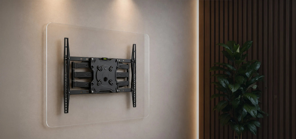 A minimalist product presentation of a TV wall mount with a transparent acrylic panel featuring rounded corners resting on the mount. Slightly angled front view with the central VESA mounting interface and the entire wall mount fully visible. A bright, modern wall, vertical wooden slats, a subtle indoor plant, and warm indirect lighting create a premium living atmosphere with a clear focus on the product.
