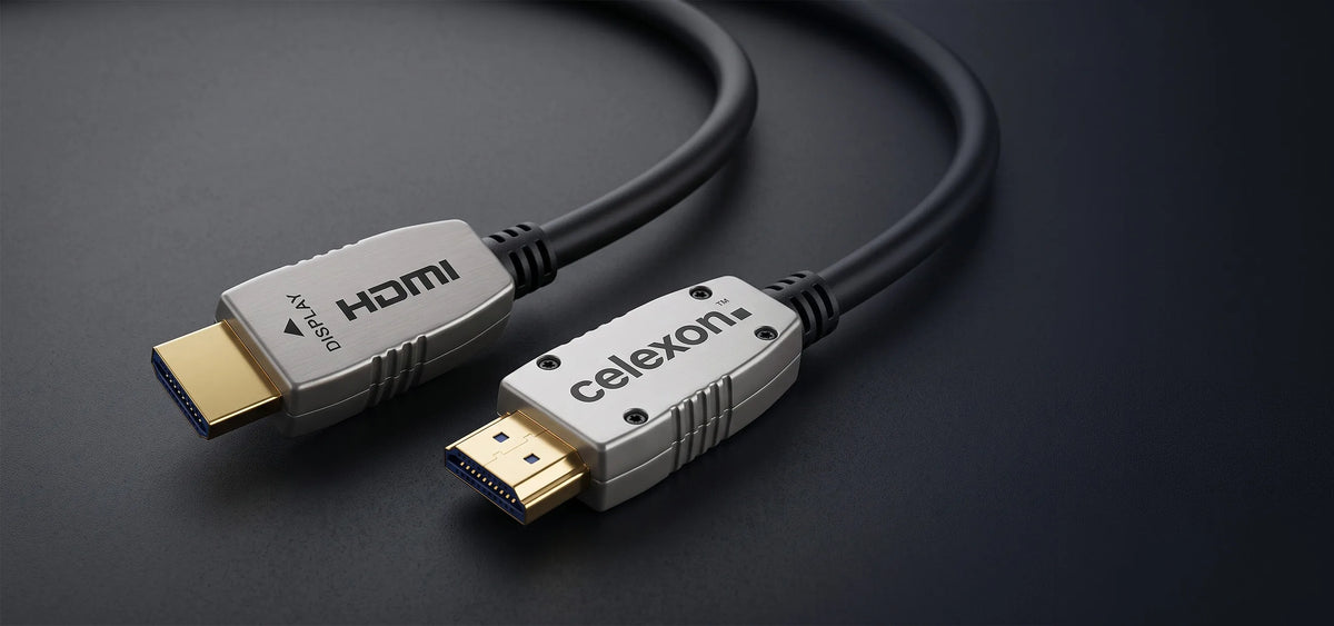 celexon UHD Optical Fibre HDMI 2.0b Active Cable in front of a dark background