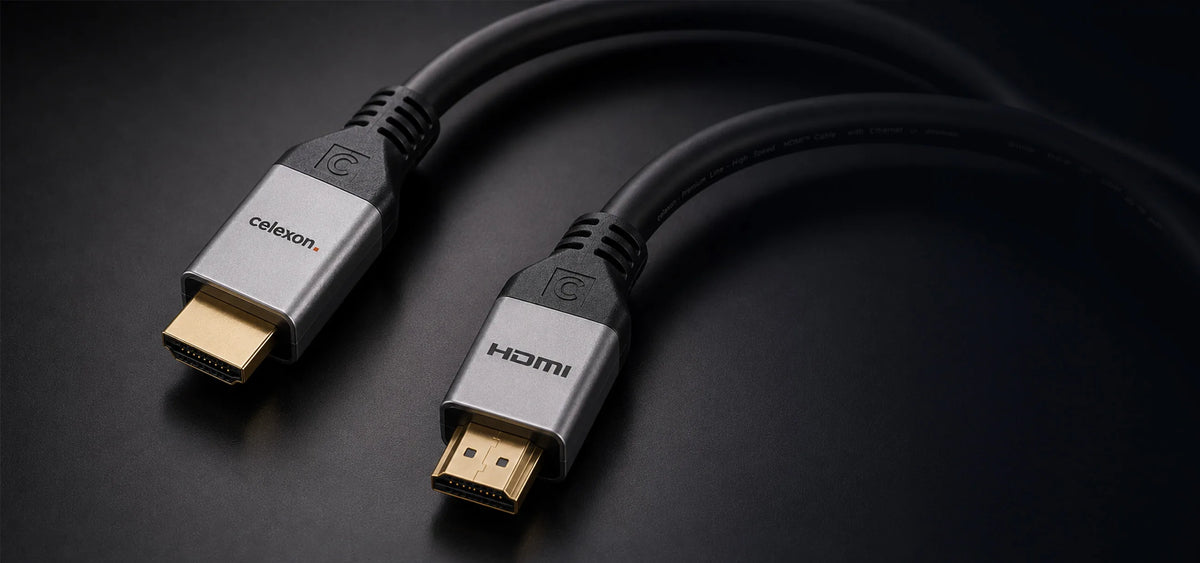 celexon HDMI cable with Ethernet - 2.0a/b 4K - Professional Line in front of a dark background