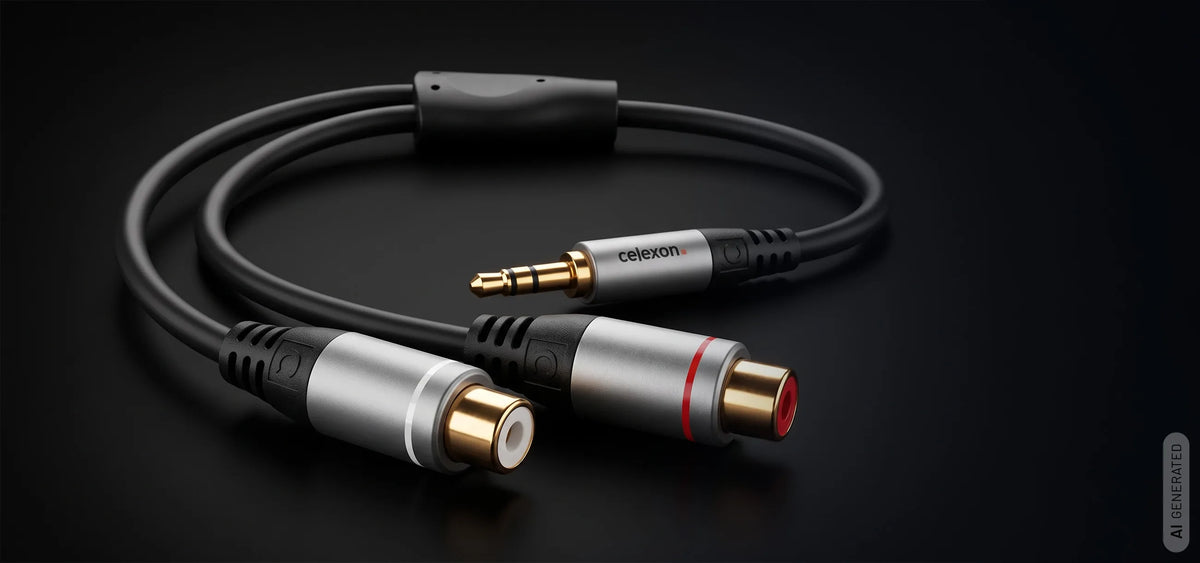 celexon 3.5mm stereo jack to 2x cinch M/F audio adapter 0.25m - Professional Line in front of a dark background
