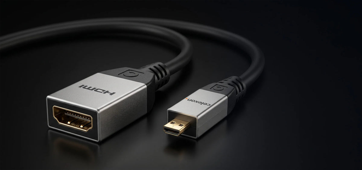 celexon Micro HDMI to HDMI M/F Adapter with Ethernet - 2.0a/b 4K 0.25m - Professional Line in front of a dark background