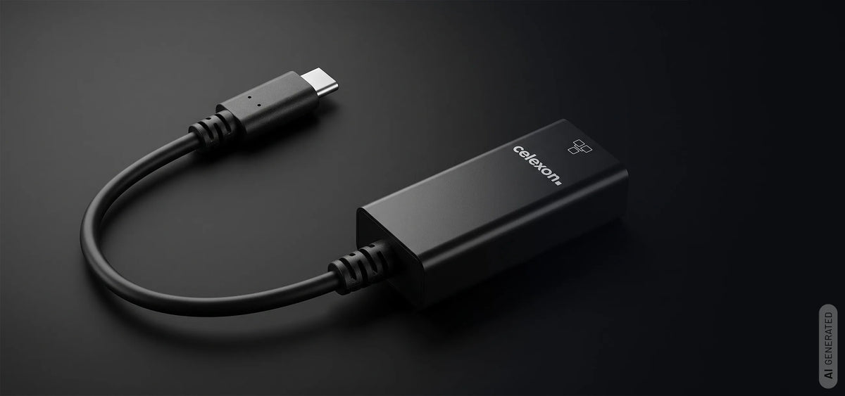 celexon USB-C to Ethernet M/F adapter in front of a dark background