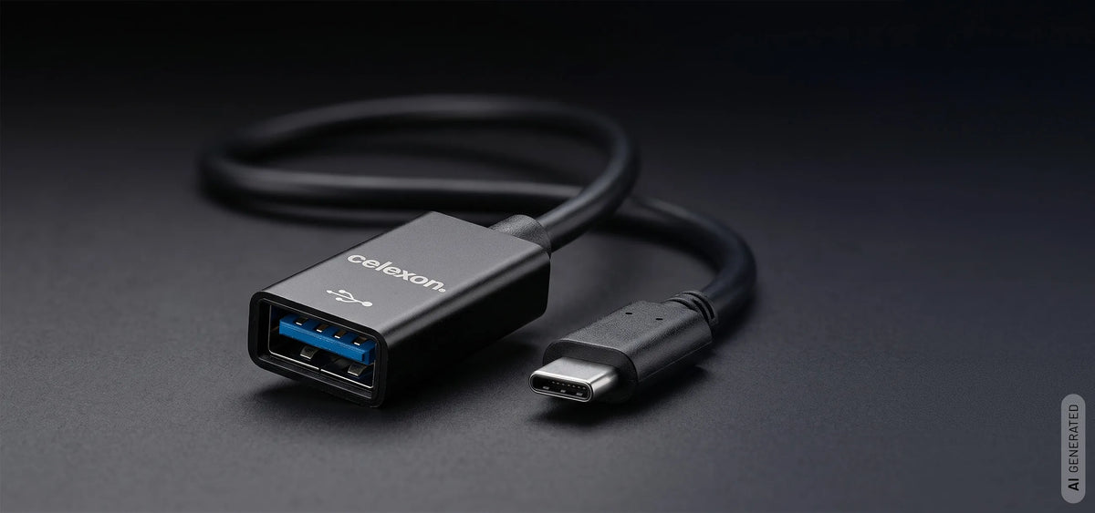 celexon USB-C to USB-A M/F adapter in front of a dark background