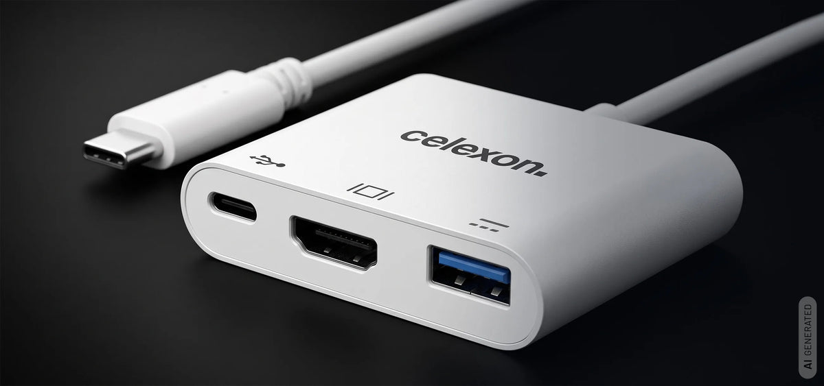 celexon USB-C to HDMI - USB-A - USB-C M/F Multiport Adapter in front of a dark background