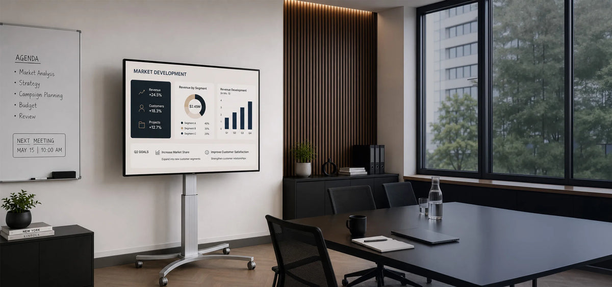 A modern meeting room featuring a mobile display stand on castors with a large-format display. The screen shows a minimalist presentation titled “Market Development”, including a bar chart, pie chart, key metrics, and a KPI dashboard. A whiteboard with a handwritten meeting agenda stands beside the display. A dark conference table with black office chairs, a vertical wooden slat wall, subtle sideboards, indoor plants, and warm indirect lighting create a premium, contemporary workspace.