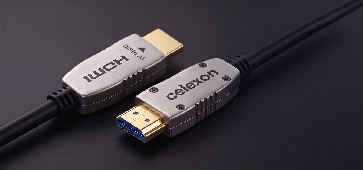 celexon UHD Optical Fibre HDMI 8K 48Gbps Active Cable in front of a dark background