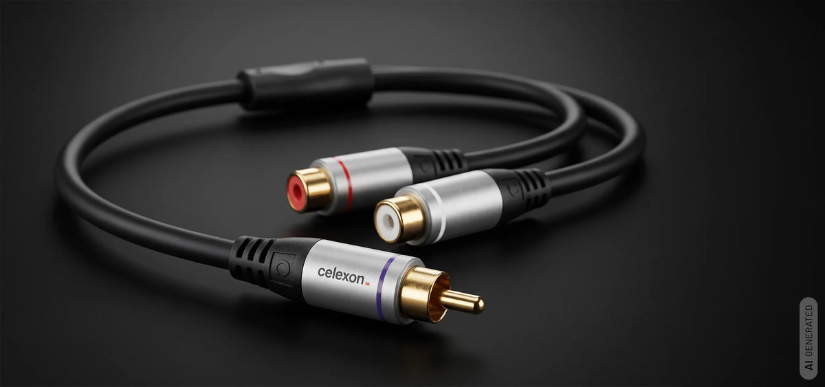 celexon cinch to 2x cinch M/F audio adapter 0.25m - Professional Line in front of a dark background