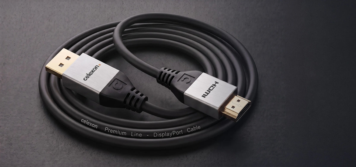 celexon DisplayPort to HDMI cable 4K  - Professional Line in front of a dark background