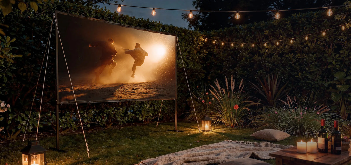 Atmospheric outdoor cinema in a garden at night: a celexon Basic Line folding frame screen is set up between plants and hedges, displaying a dynamic film scene with two people in action-packed motion against dusty, golden backlight. Warm string lights and lanterns illuminate the surroundings, while blankets, cushions, and rugs are laid out on the lawn.