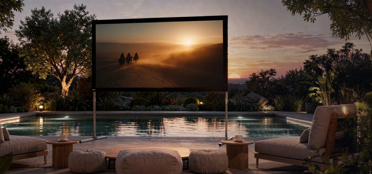 An exclusive outdoor home cinema at sunset: in front of a stylishly illuminated pool, a celexon Folding Frame Screen Mobile Expert set up for front projection is installed, displaying an atmospheric film scene with riders in a desert landscape bathed in warm evening light. In front of it are low seating arrangements and small side tables with drinks.