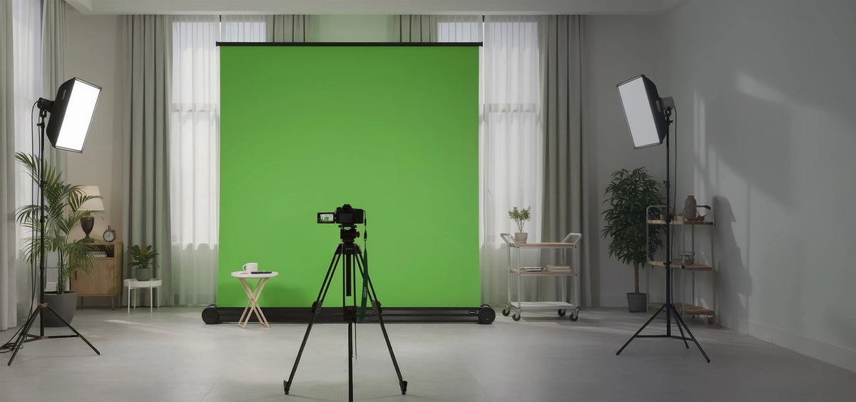 Professional studio setup for video or photo production. In the center of the room stands a large, free-standing celexon Mobile Chroma Key green screen. Positioned centrally in front of it is a camera mounted on a tripod.