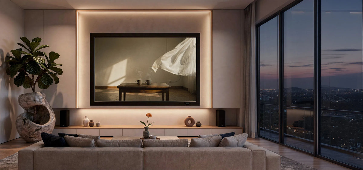 The image shows a modern, atmospherically lit living room with a celexon Home Cinema fixed-frame projector screen displaying two coffee cups on a wooden table. Overall, a calm evening atmosphere prevails, and the room offers a wide view over a cityscape through floor-to-ceiling windows.