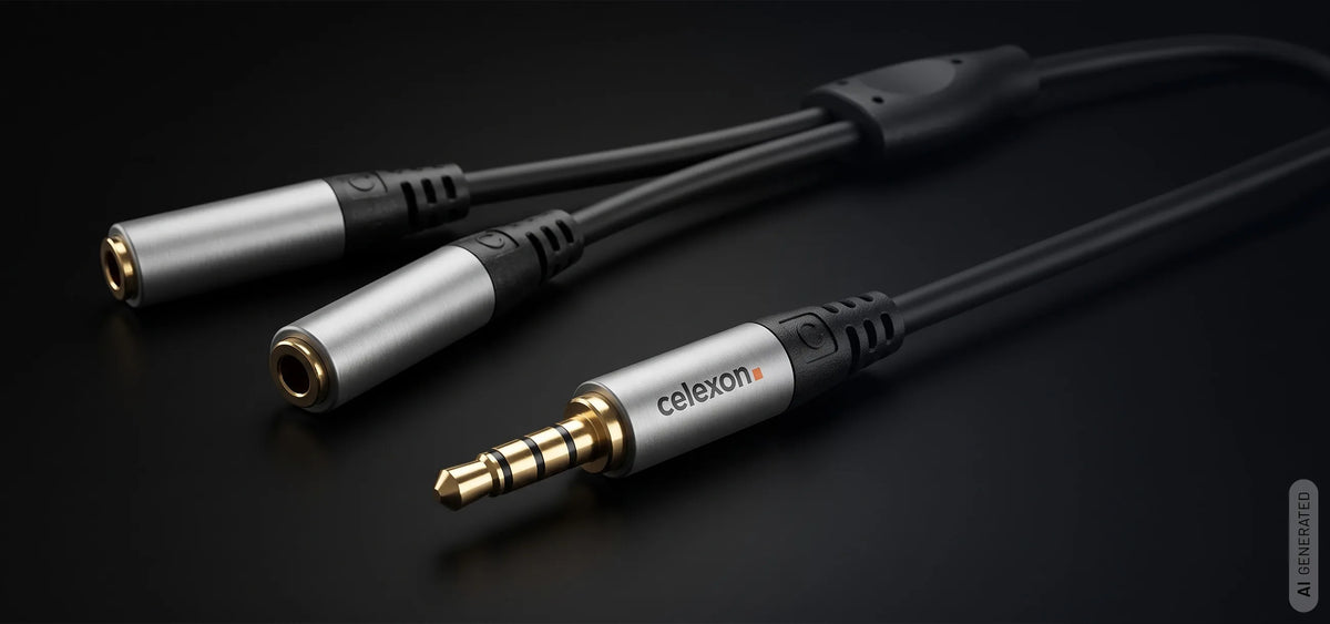 celexon 3.5mm stereo jack to 2x 3.5mm stereo jack M/F audio adapter 0.25m - Professional Line in front of a dark background