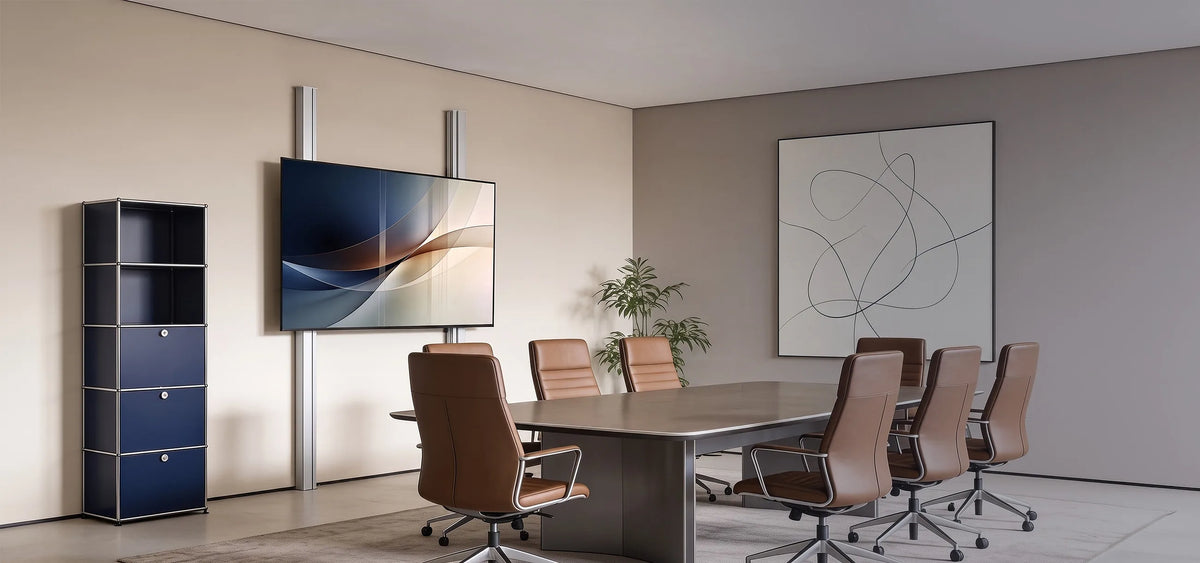 A premium conference room featuring an interactive whiteboard system in a slightly angled front view. The central display presents a clean, minimalist abstract visual, flanked by two whiteboards. Light-colored materials, subtle tones, and soft natural daylight create an elegant, high-end atmosphere with a clear focus on the product.