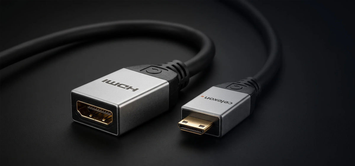 celexon Mini HDMI to HDMI M/F Adapter with Ethernet - 2.0a/b 4K 0.25m - Professional Line in front of a dark background