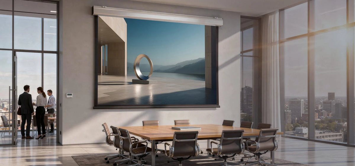 The image shows an elegant, modern conference room with a large meeting table, in which a celexon Projector Screen Electric Expert XL presents a minimalist architectural scene featuring a sculptural ring object, clean concrete surfaces, and a wide landscape view.