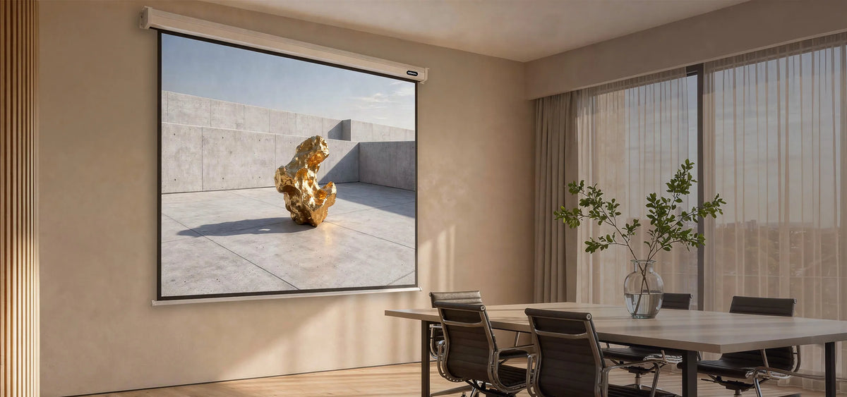Modern meeting room. A large, extended celexon Professional electric projection screen is mounted on the wall. Displayed on it is a minimalist art and architecture scene: an abstract, gold-colored sculpture standing in an open area of light exposed concrete, surrounded by clean, geometric concrete walls.