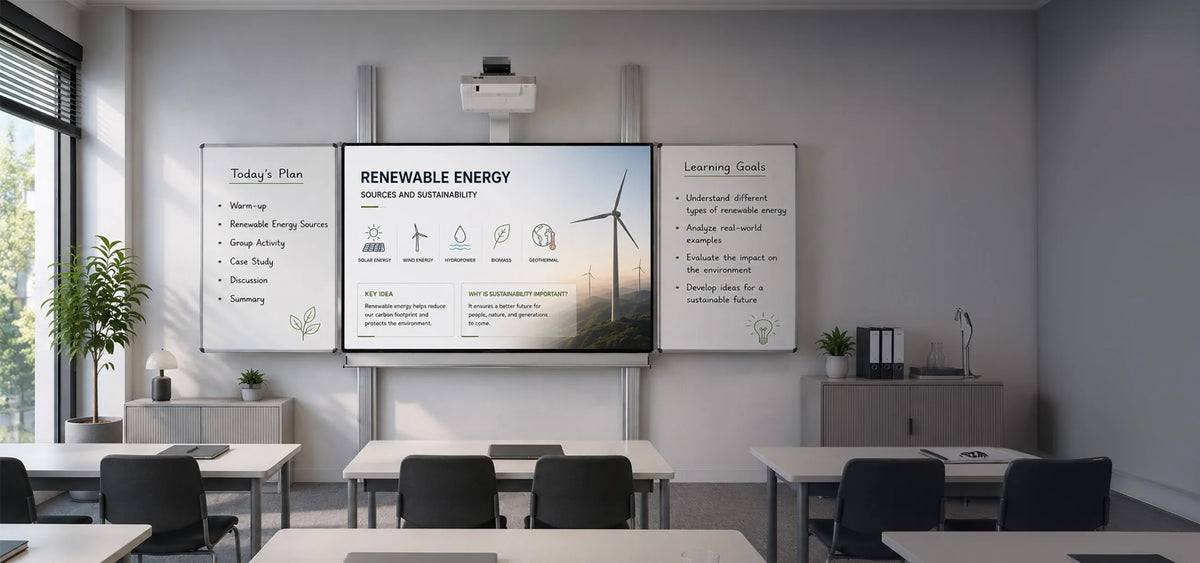 A modern classroom featuring a wall-mounted pylon system that combines a central interactive display with two side whiteboard wings. The display presents a lesson on “Renewable Energy”, featuring renewable energy icons, wind turbines, and clean, easy-to-read infographics. The whiteboards contain a handwritten lesson agenda and learning objectives. Light-colored student desks with notebooks, laptops, and writing materials, subtle storage cabinets, indoor plants, and an ultra-short-throw projector mounted